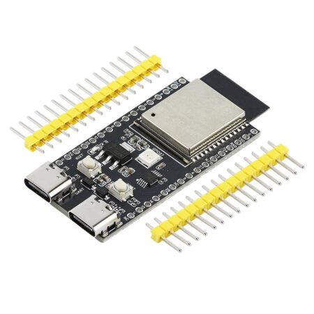 ESP32-C5 fejlesztőpanel két külön mellékelt tüskesorral, két USB-C csatlakozóval, árnyékolt rádiós modullal, RESET és BOOT gombokkal, valamint integrált NYÁK-antennával.
