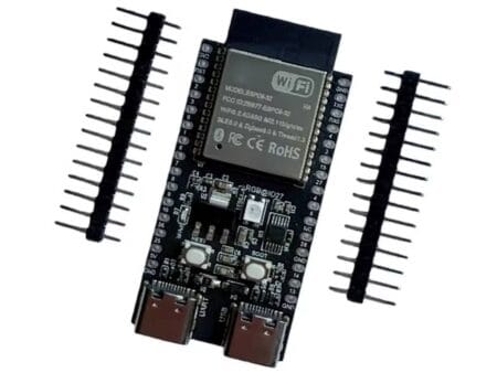 ESP32-C5 mikrokontrolleres fejlesztőlap WiFi 6 modullal és USB-C csatlakozóval, Arduino és IoT projektekhez.