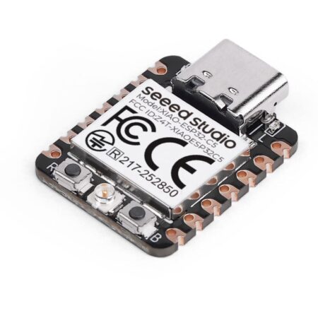 Seeed Studio XIAO ESP32-C5 fejlesztőpanel külső antennával, USB-C csatlakozóval és forrasztható lábkiosztással, mikrokontrolleres vezérléshez és vezeték nélküli IoT projektekhez.