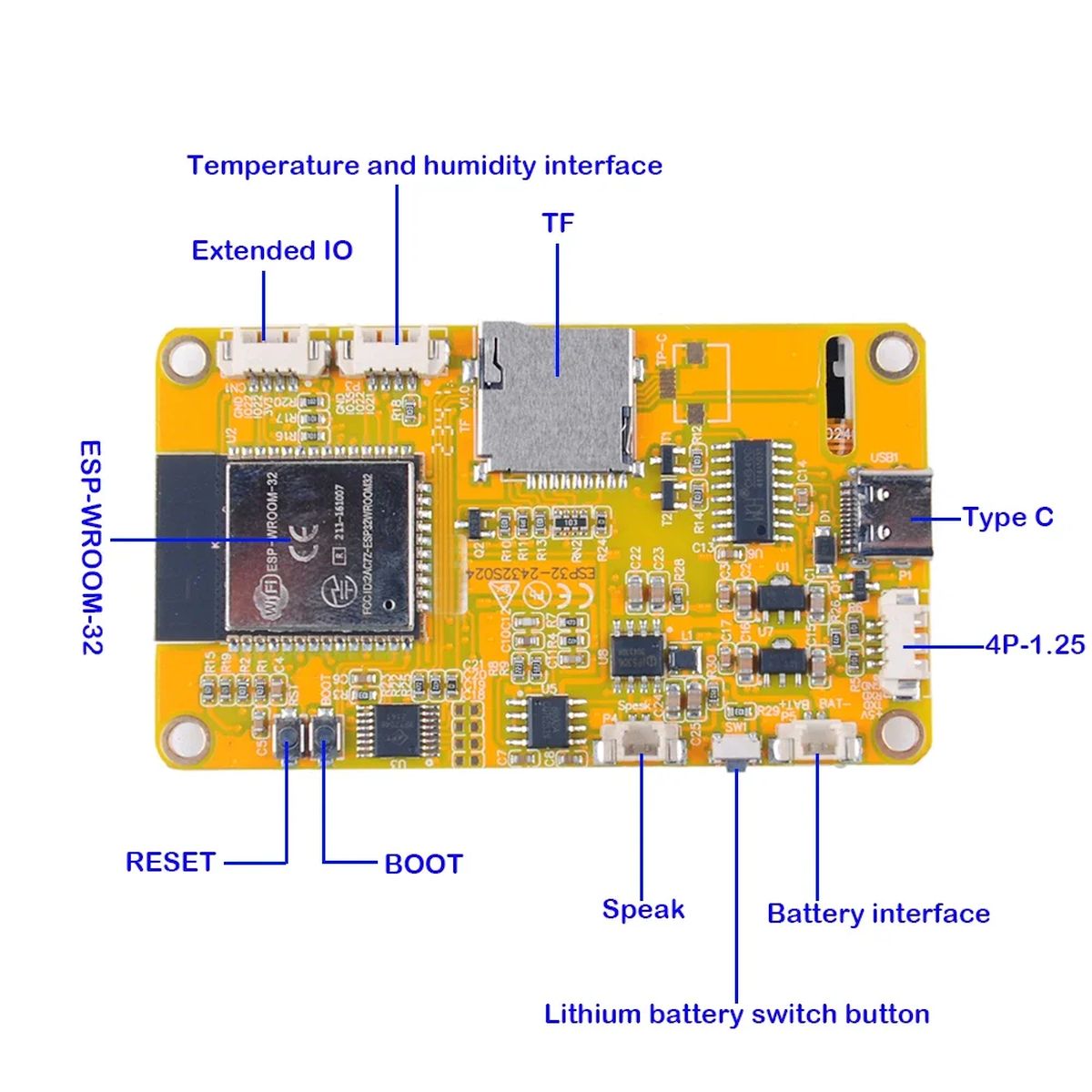 ESP32-024 feliratú fejlesztőpanel 2,4 colos TFT kijelzővel, ST7789 vezérléssel és rezisztív érintéssel, mikrokontrolleres vezérléshez.