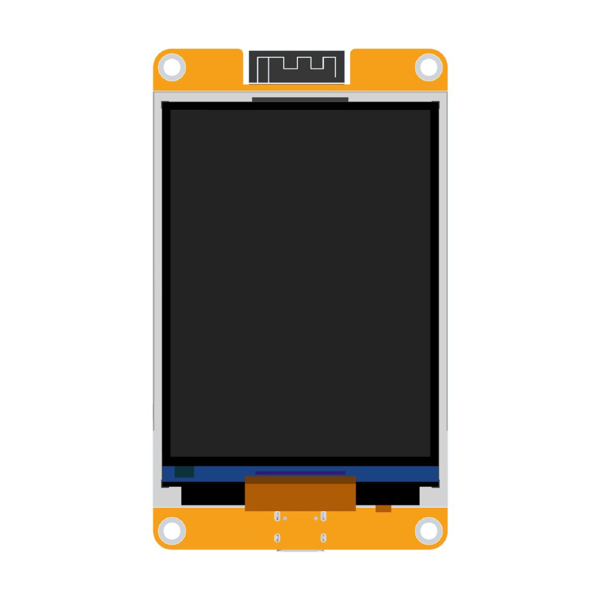 Fekete kijelzőfelületű E32R32P ESP32 panel narancssárga lapon, 3,2 colos TFT érintővel, felső antennarésszel és rögzítőfuratokkal, Arduino környezetben készülő érintős projektekhez használt modulként.