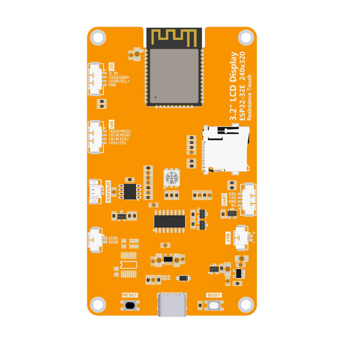 Narancssárga E32R32P kijelzős ESP32 modul elől, sötét 240×320 TFT felülettel, rezisztív érintéshez, rögzítőfuratokkal és látható antennarészlettel, IoT kezelőpanelekhez tervezett Arduino és LVGL alapú fejlesztésekben használható.