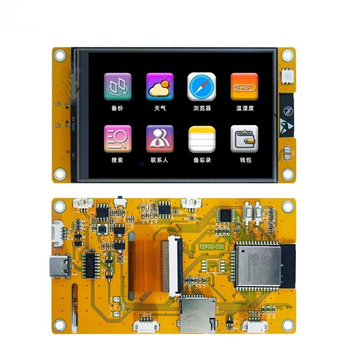 ESP32-3248S035R 3,5 colos érintőkijelző működő grafikus menüvel, alatta az ESP32 vezérlőpanel hátoldala microSD foglalattal és perifériacsatlakozókkal.
