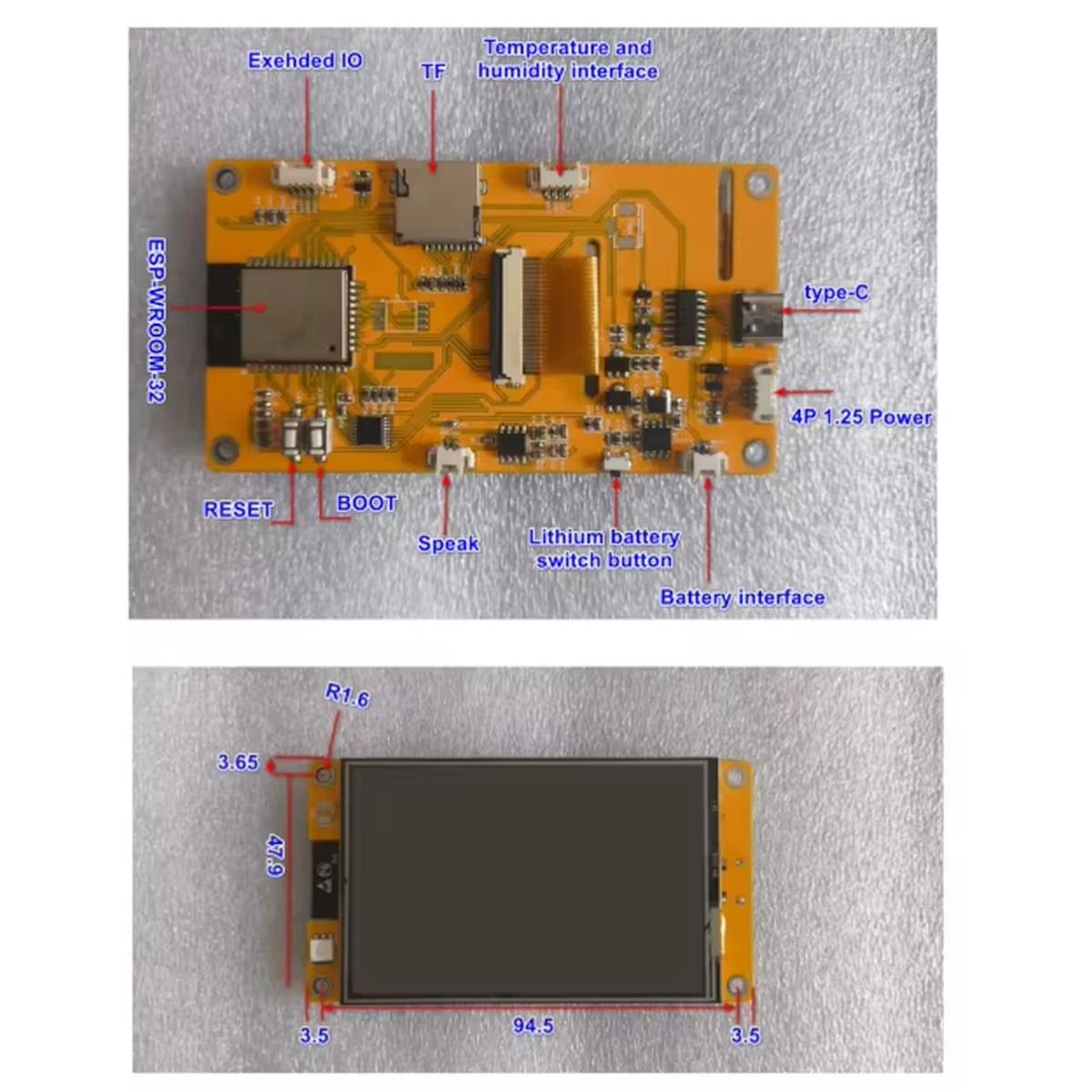 ESP32-3248S035R műszaki áttekintő ábra hátoldali csatlakozójelölésekkel, USB-C, microSD, akkumulátor- és perifériainterfésszel, valamint a kijelző hozzávetőleges méreteivel.