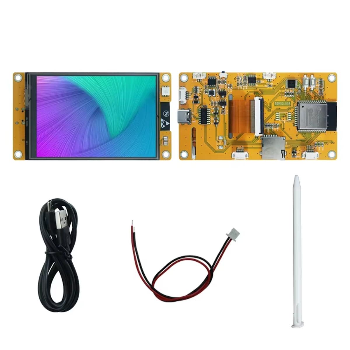 ESP32-3248S035R 3,5 colos érintőkijelző elő- és hátoldala, USB-kábellel, kétvezetékes csatlakozókábellel és fehér érintőceruzával ESP32 HMI projektekhez.