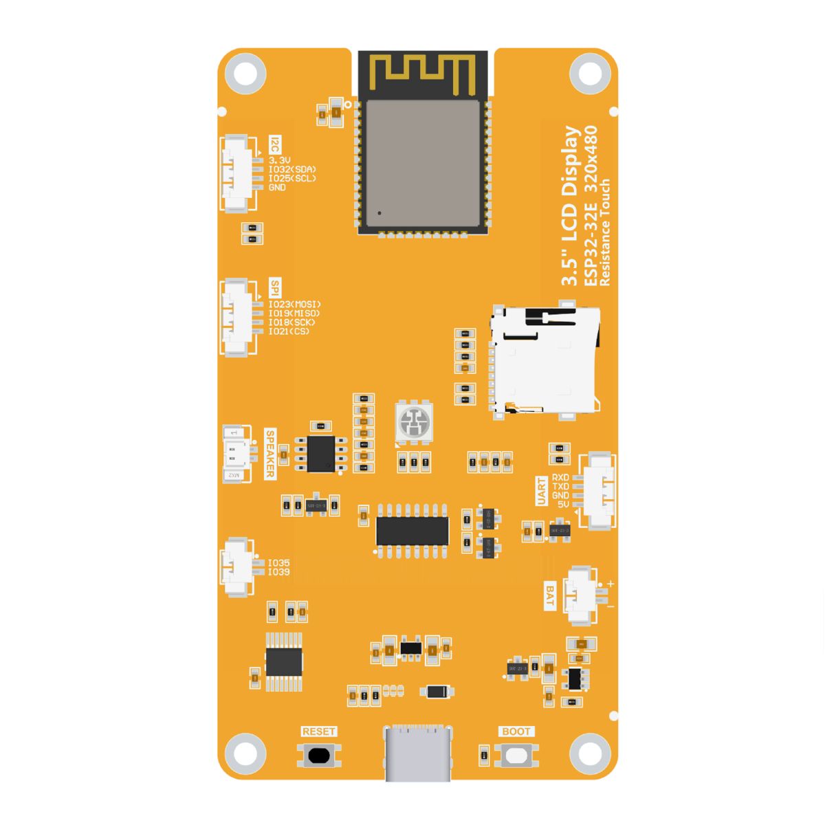ESP32-32E alapú 3,5 hüvelykes TFT kijelzőmodul elölnézetben, fekete képernyővel, narancssárga panellel és rögzítőfuratokkal, érintős HMI fejlesztéshez.