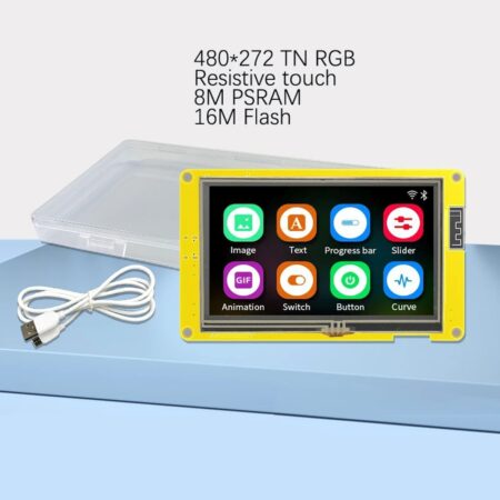 ESP32-S3 LVGL fejlesztőpanel 4,3 hüvelykes érintőkijelzővel, WiFi és Bluetooth támogatással, HMI prototípusokhoz és mikrokontrolleres grafikus vezérléshez.