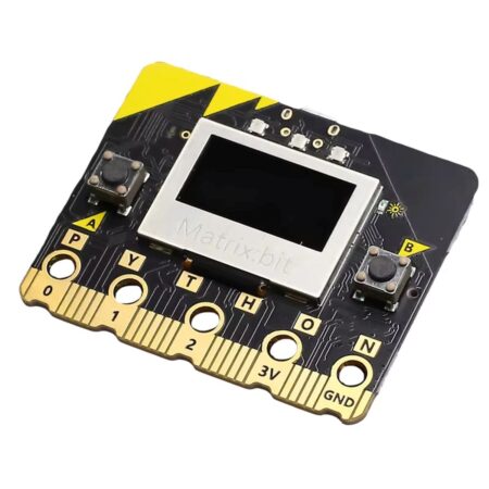 Kompakt Matrix:bit V2.0 ESP32 fejlesztőpanel OLED kijelzővel, érintésérzékeny logóval, beépített szenzorokkal és adatkábel kapcsolattal mikrokontrolleres tanuláshoz.