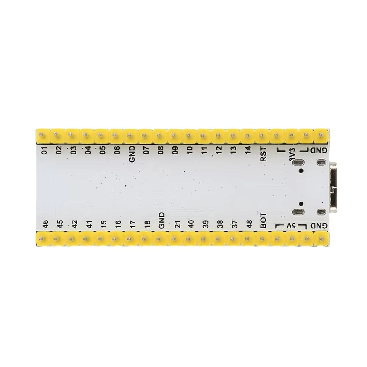 Kompakt ESP32-S3 Nano fejlesztőpanel forrasztott tüskesorral, USB-C porttal és feliratozott kivezetésekkel, mikrokontrolleres vezérléshez, szenzoros Arduino projektek és vezeték nélküli prototípusok építéséhez.