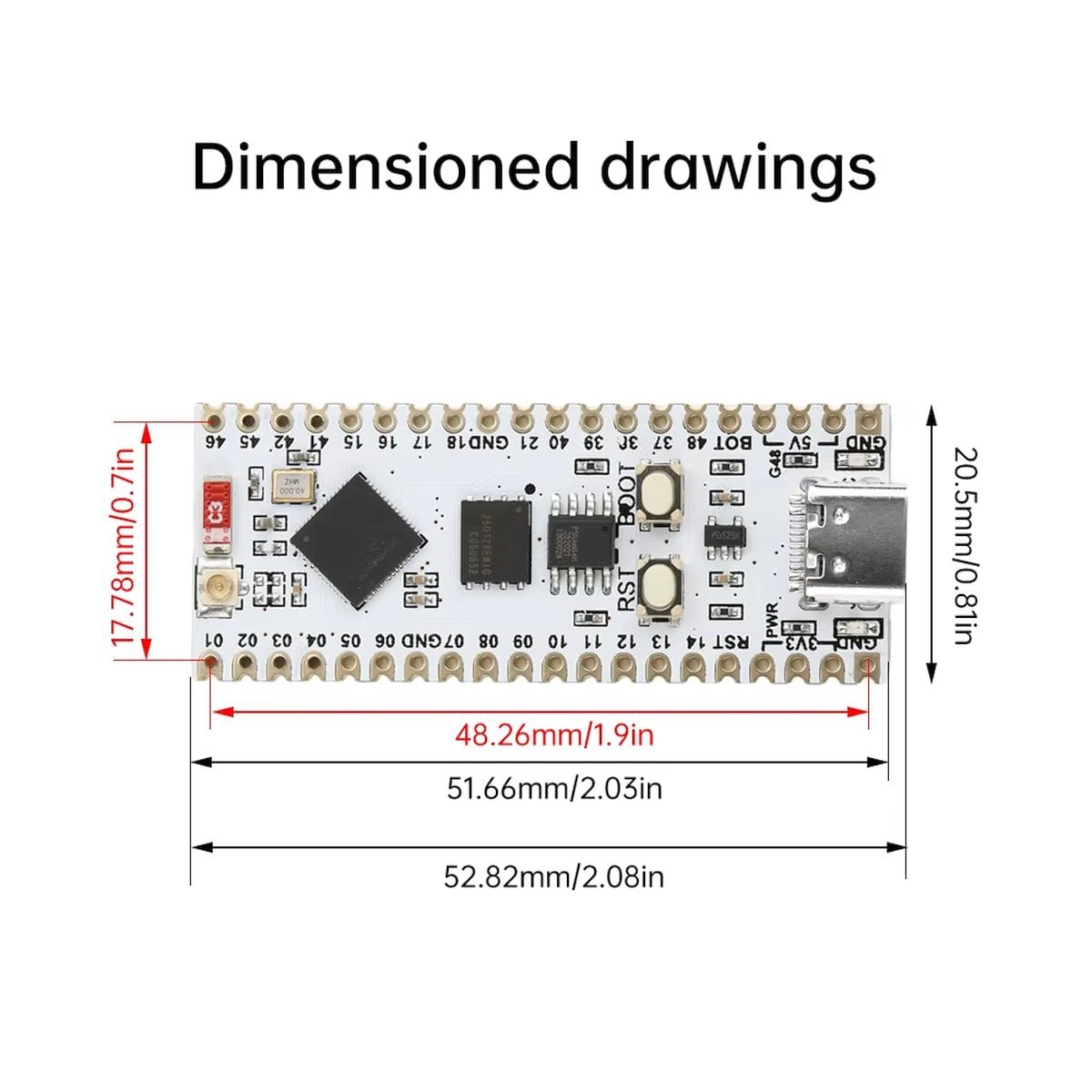 ESP32-S3-N16R8 Nano méretű mikrokontroller panel aranyszínű kivezetésekkel, forrasztott lábsorral, USB-C porttal, reset gombbal és IoT fejlesztés kezdőknek való elrendezéssel, breadboardos próbaáramkörök építéséhez kis helyigényű projektekben.