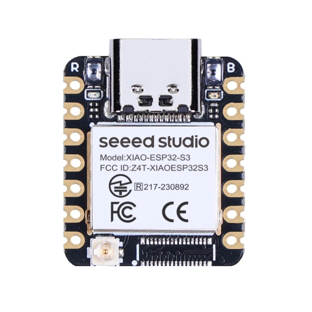 Seeed Studio XIAO ESP32-S3 fejlesztőpanel USB-C csatlakozóval és koaxiális kábelen kapcsolódó lapos külső antennával vezeték nélküli mikrokontrolleres projektekhez.