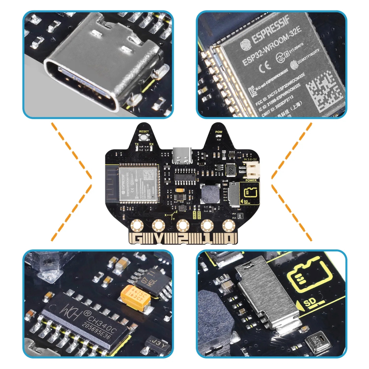 Fox:bit ESP32 oktatási fejlesztőpanel USB-C csatlakozással, RGB LED kijelzéssel és beépített érzékelőkkel, Arduino jellegű mikrokontrolleres projektekhez.