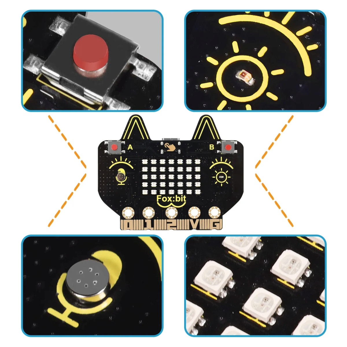 Keyestudio Fox:bit ESP32 fejlesztőpanel RGB LED mátrixszal, szenzorokkal, gombokkal és vezeték nélküli kapcsolattal, STEM oktatáshoz és mikrokontrolleres tanuláshoz.
