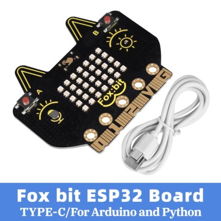 Keyestudio Fox:bit ESP32 STEM fejlesztőpanel több beépített modullal, Wi-Fi és Bluetooth kapcsolattal, kezdő mikrokontrolleres projektek gyakorlásához.