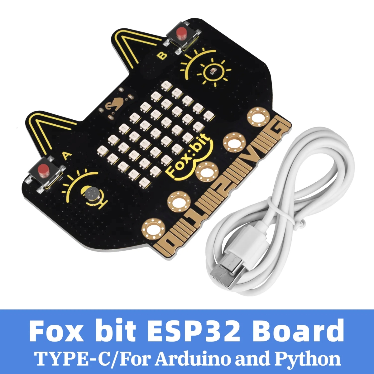 Keyestudio Fox:bit ESP32 STEM fejlesztőpanel több beépített modullal, Wi-Fi és Bluetooth kapcsolattal, kezdő mikrokontrolleres projektek gyakorlásához.