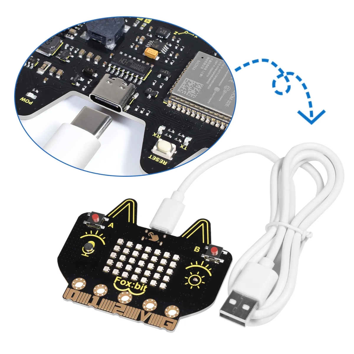 ESP32-alapú Keyestudio Fox:bit oktatási panel érzékelőkkel, LED mátrixszal és USB-C csatlakozóval, Arduino és MicroBlocks tanulási projektekhez.