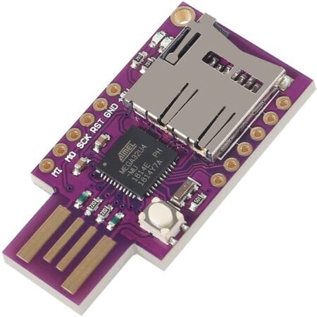 BadUSB TF Leonardo SD modul ATmega32U4 mikrovezérlővel, microSD foglalattal és szabadon elérhető kommunikációs kivezetésekkel.