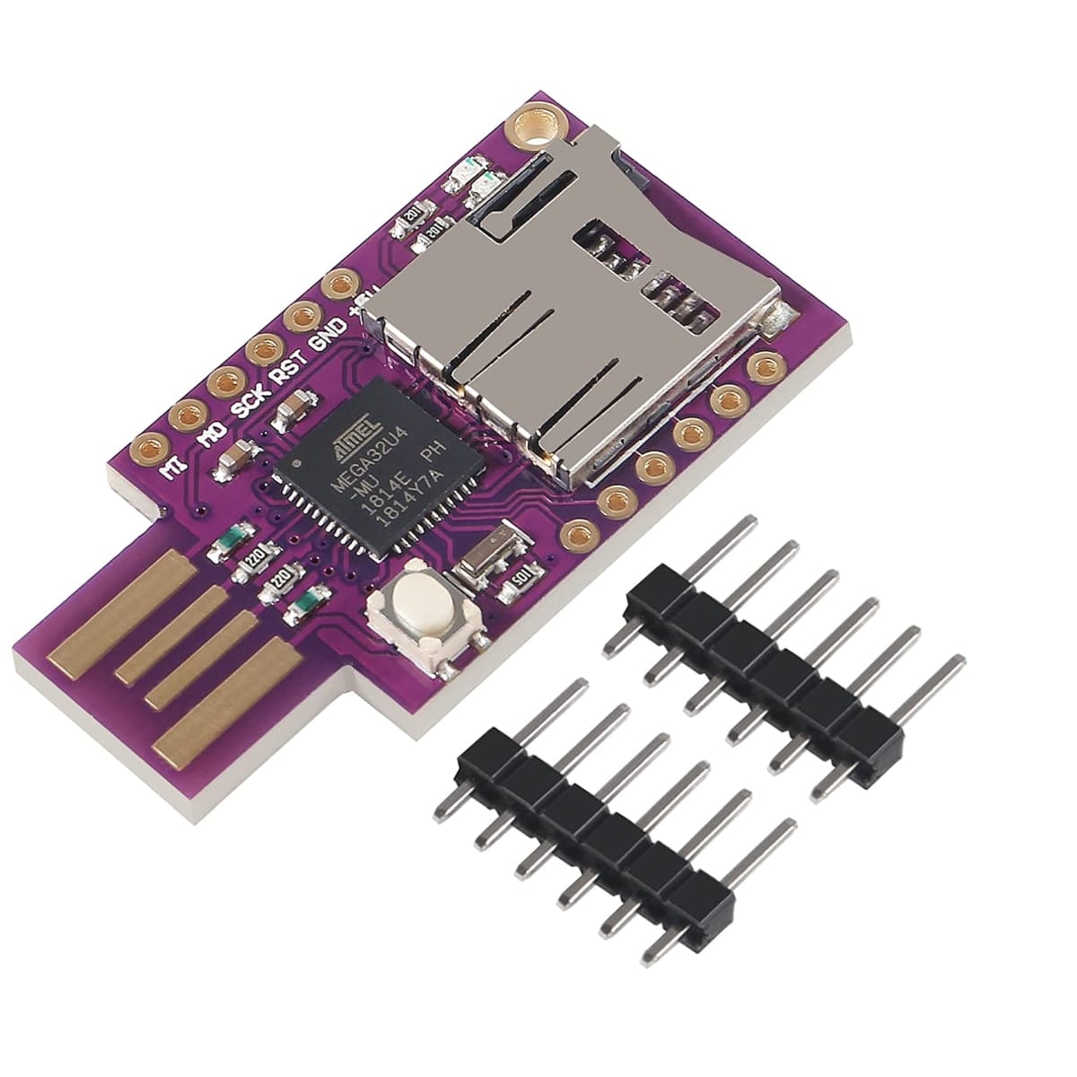 MicroSD foglalatos BadUSB TF Leonardo SD fejlesztőlap ATmega32U4 vezérlővel, Arduino és AVR alapú prototípusokhoz.