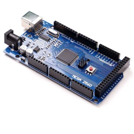 Kék AVR-Duino Mega 2560 CH340 fejlesztőpanel ferde nézetben, USB-B csatlakozóval, tápcsatlakozóval és tüskesorokkal, Arduino projekt kezdőknek témához.