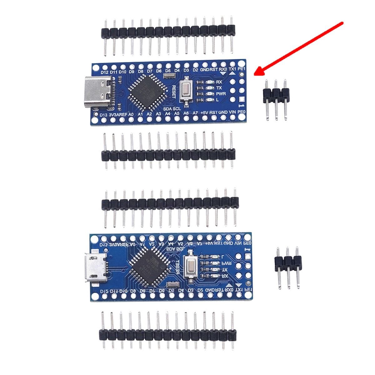 USB-C csatlakozós AVR-Duino Nano fejlesztőpanel külön tüskesorokkal, Arduino Nano-kompatibilis mikrokontrolleres vezérléshez és kompakt elektronikai prototípus építéséhez.
