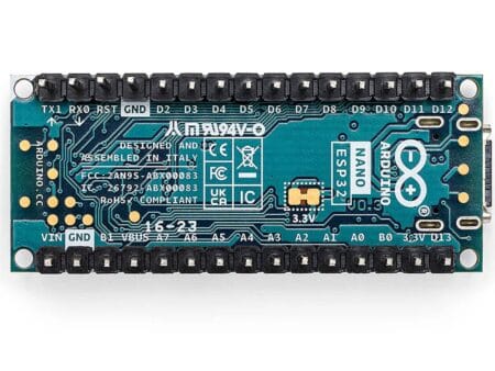 Az Arduino Nano ESP32 with Headers egy vékony, USB-C csatlakozós fejlesztőpanel Wi‑Fi és Bluetooth kapcsolattal, RGB LED-del – ideális IoT és mikrokontrolleres projektekhez.