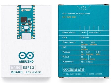 Az Arduino Nano ESP32 with Headers egy vékony, USB-C csatlakozós fejlesztőpanel Wi‑Fi és Bluetooth kapcsolattal, RGB LED-del – ideális IoT és mikrokontrolleres projektekhez.