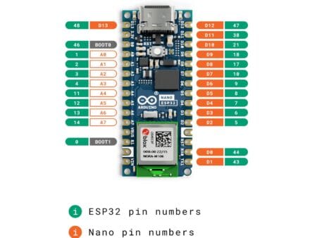 Az Arduino Nano ESP32 with Headers egy vékony, USB-C csatlakozós fejlesztőpanel Wi‑Fi és Bluetooth kapcsolattal, RGB LED-del – ideális IoT és mikrokontrolleres projektekhez.