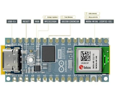 Az Arduino Nano ESP32 with Headers egy vékony, USB-C csatlakozós fejlesztőpanel Wi‑Fi és Bluetooth kapcsolattal, RGB LED-del – ideális IoT és mikrokontrolleres projektekhez.