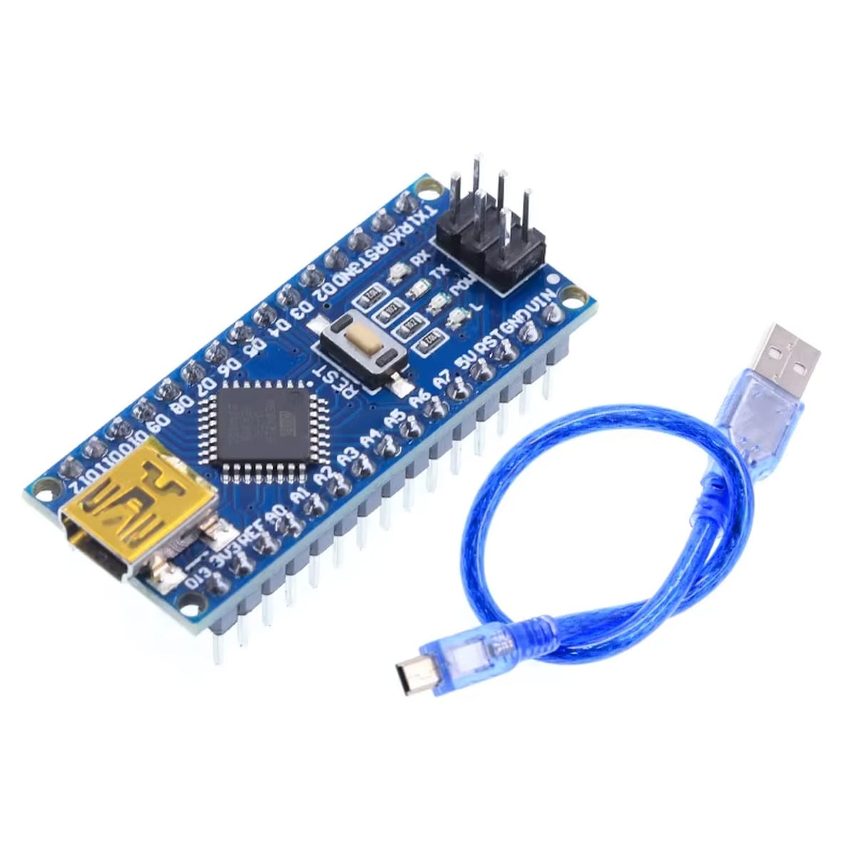 Arduino Nano formátumú AVR-Duino v3 panel kék NYÁK-on, ATmega328 mikrokontrollerrel és miniUSB porttal, breadboardos elektronikai prototípushoz.