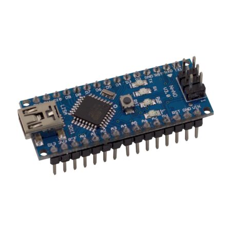 Kis méretű AVR-Duino Nano v3 panel tüskesorral és USB csatlakozóval, szenzor bekötése Arduino panelhez jellegű munkákhoz.