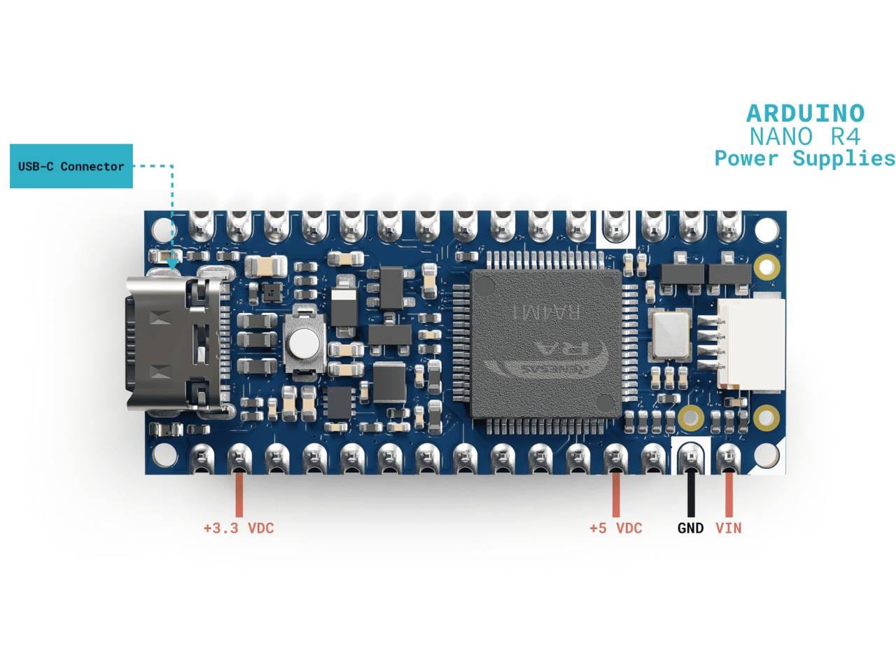 Arduino Nano R4 mikrokontroller – előre beforrasztott lábakkal, Qwiic csatlakozással