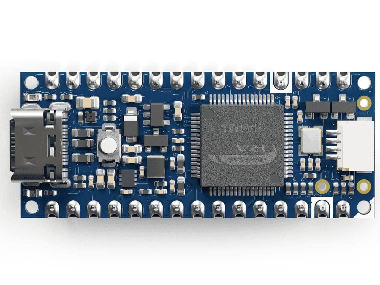 Arduino Nano R4 mikrokontrollerpanel előre beforrasztott tüskesorral és Qwiic csatlakozóval.