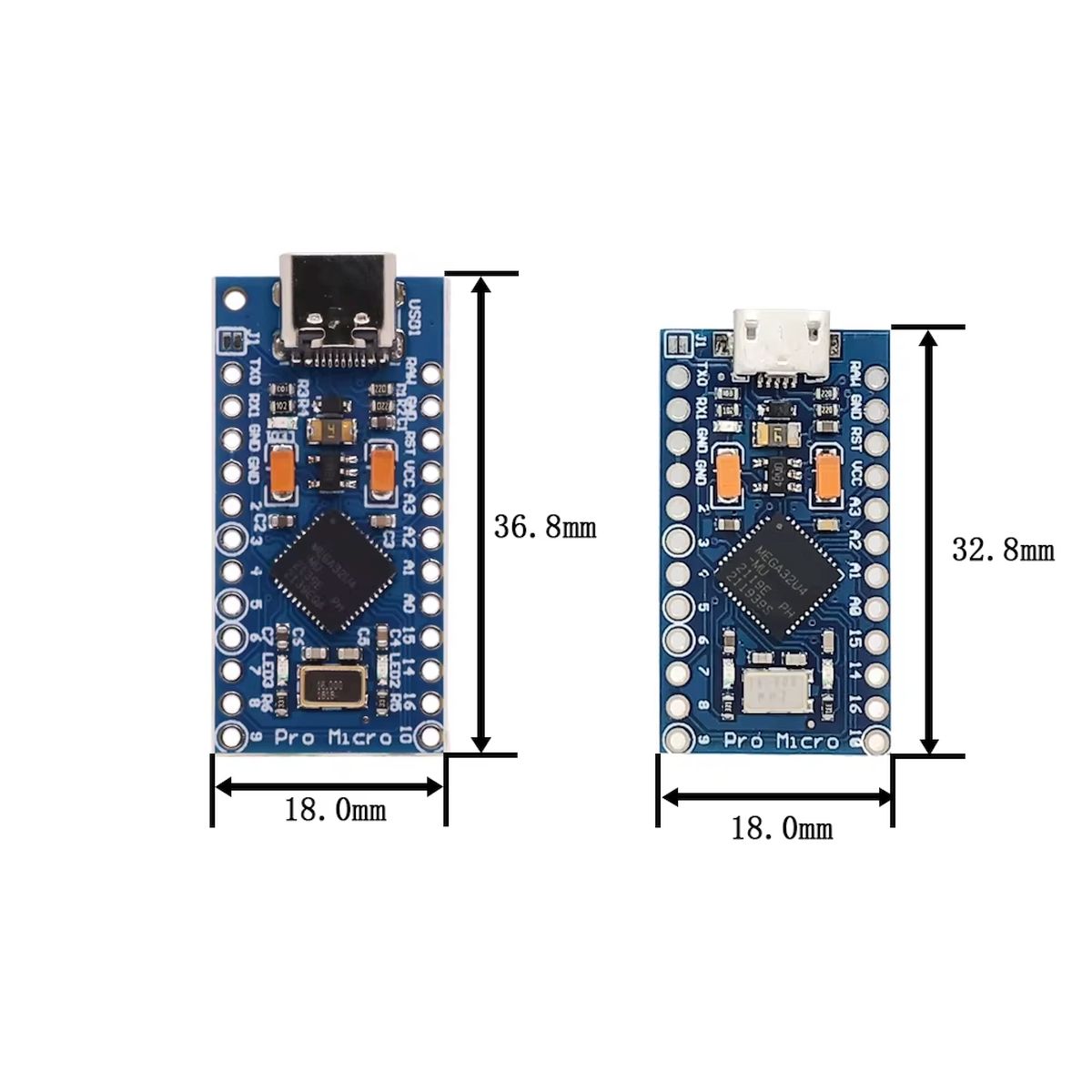 ATmega32U4 alapú Pro Micro fejlesztőpanel USB-C csatlakozóval, kék nyákon látható alkatrészekkel és külön mellékelt tüskesorokkal Arduino projektekhez.