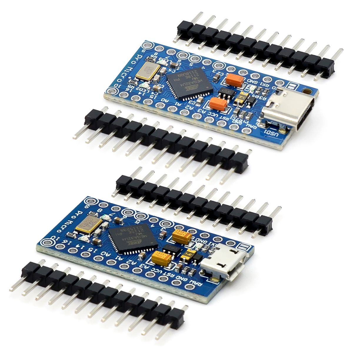 USB-C csatlakozós Pro Micro mikrokontroller modul ATmega32U4 chippel, forrasztható lábkiosztással és két külön tüskesorral elektronikai prototípus építéséhez.