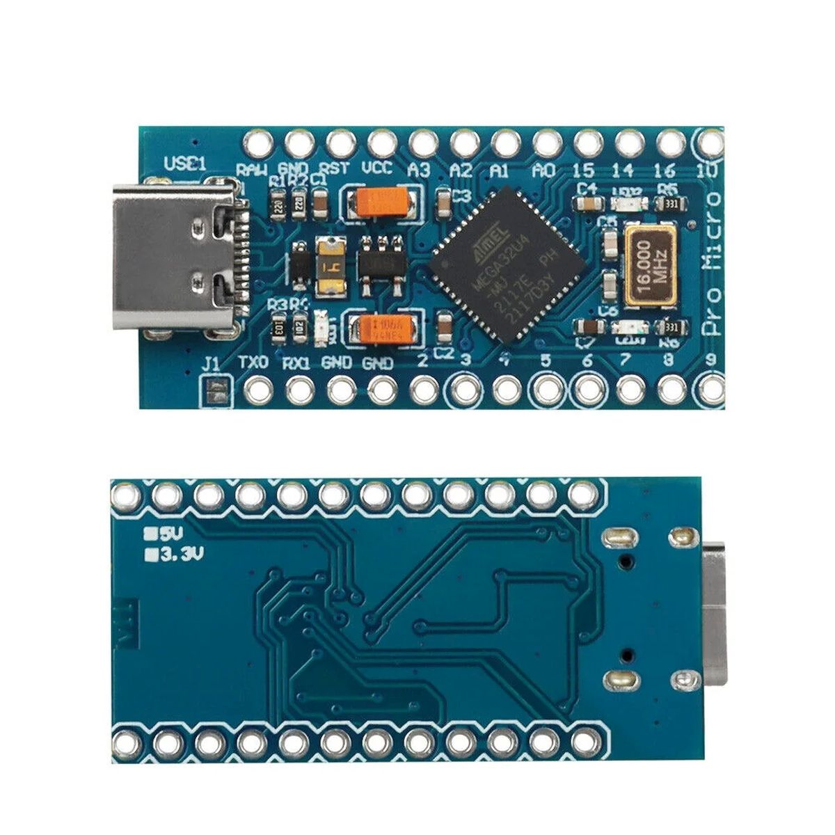 Leonardo-kompatibilis Pro Micro panel USB-C aljzattal, ATmega32U4 vezérlővel és tördelhető tüskesorokkal mikrokontrolleres áramkör építéséhez.