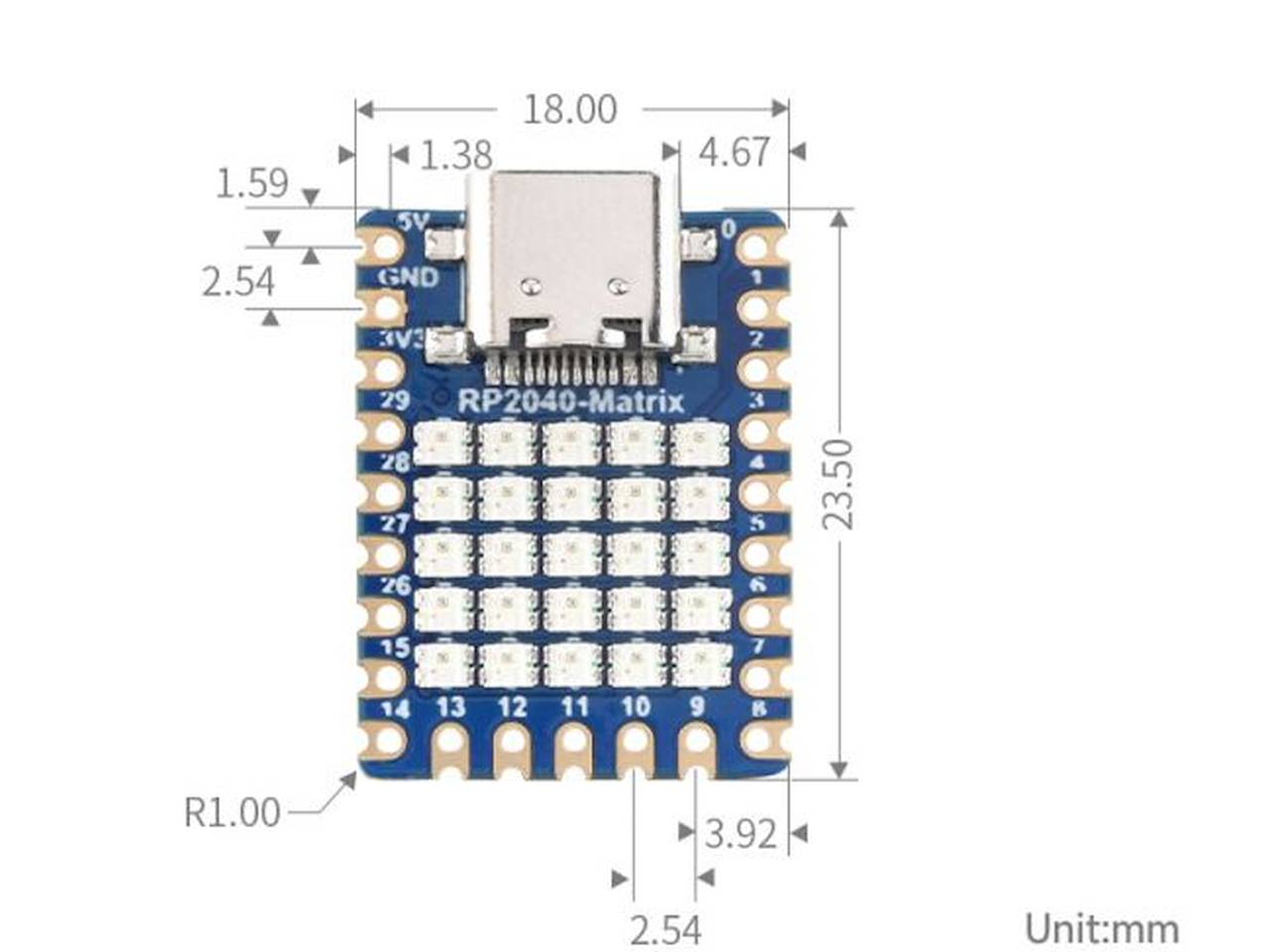 RP2040 alapú fejlesztőlap beépített 5×5 RGB LED mátrixszal, amely GPIO16-ra kötött, Neopixel-kompatibilis vezérléssel. Mikrovezérlős LED-mátrix projektekhez ideális.