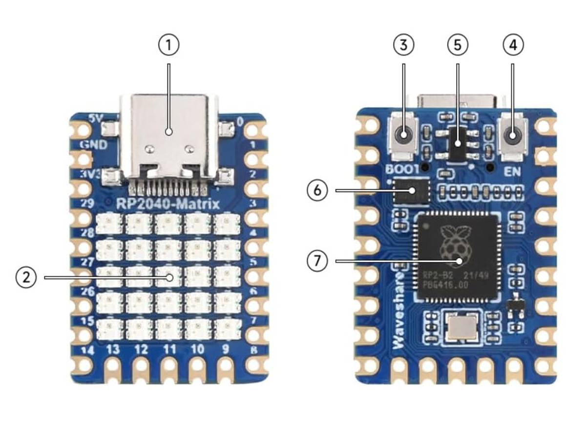 RP2040 alapú fejlesztőlap beépített 5×5 RGB LED mátrixszal, amely GPIO16-ra kötött, Neopixel-kompatibilis vezérléssel. Mikrovezérlős LED-mátrix projektekhez ideális.