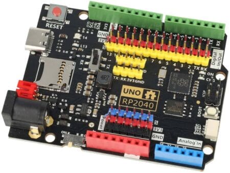 RP2040 mikrokontrollerrel szerelt UNO formátumú fejlesztőpanel színes tüskesorokkal és bővítőcsatlakozókkal.