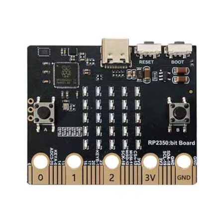 RP2350 alapú Micro:bit formátumú vezérlőpanel 5×5 LED mátrixszal, USB-C porttal, gombokkal és aranyozott élcsatlakozókkal, oktatási elektronikai projektekhez.