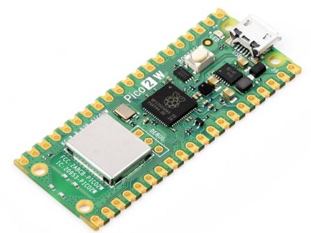 A Raspberry Pi Pico 2 W egy fejlett IoT mikrokontroller, amelynek központja a duplamagos RP2350 ARM Cortex-M33 chip. A modul integrált WiFi és Bluetooth kommunikációval rendelkezik, és támogatja az alacsony fogyasztású, energiatakarékos működést. A forrasztott tüskesor lehetővé teszi a gyors csatlakoztatást más modulokhoz vagy szenzorokhoz. A microUSB interfész segítségével egyszerűen programozható, míg a beépített LED és BOOTSEL gomb segíti a fejlesztést.