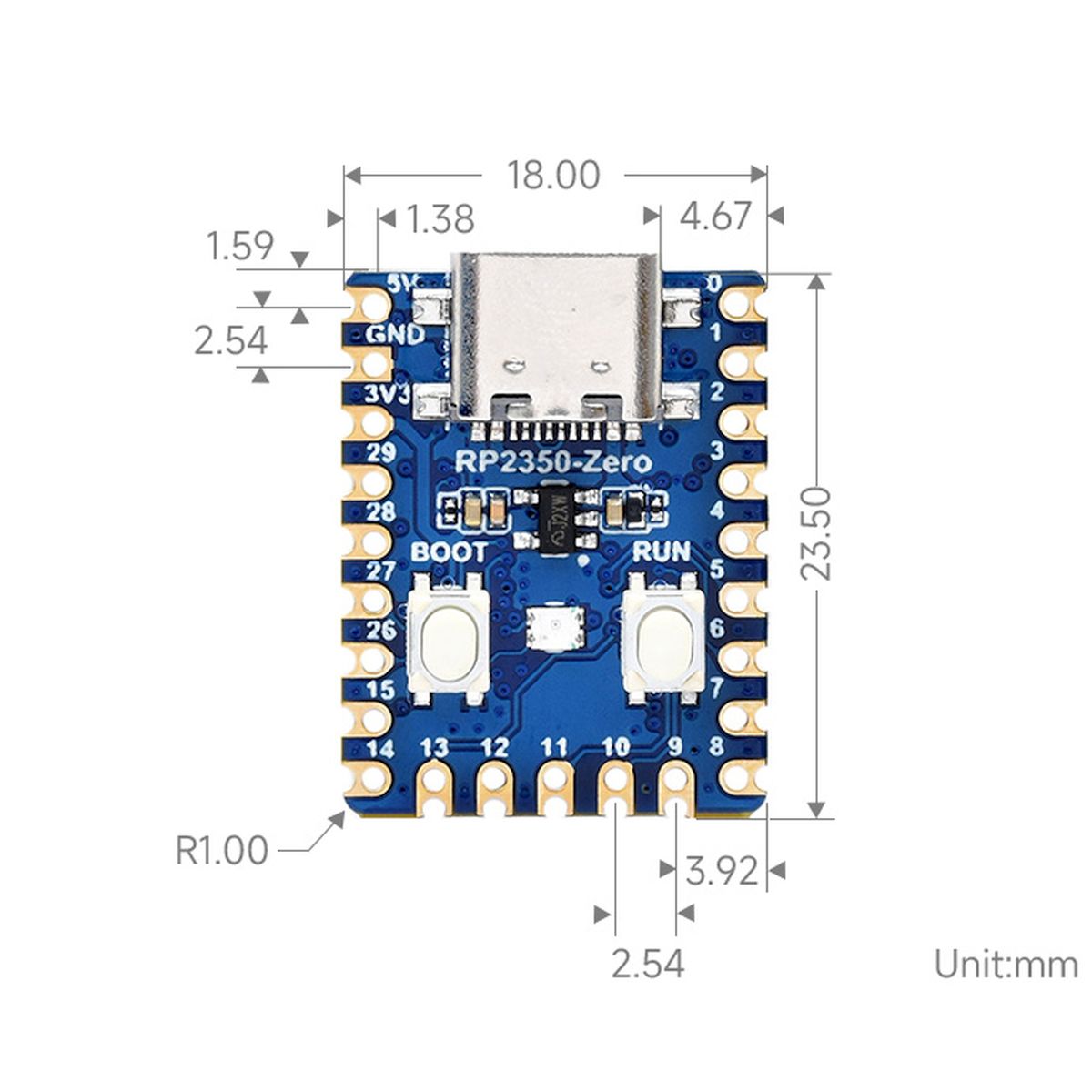 Kék RP2350 Zero mikrokontroller panel közelről, peremfuratos lábkiosztással, USB-C csatlakozóval, BOOT és RUN gombokkal, kis méretű vezérlési projektekhez, MicroPython alapú, forrasztott vagy próbapaneles prototípus-előkészítéshez is.