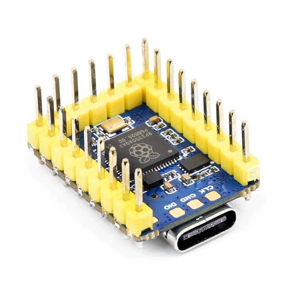 Felülnézeti RP2350 Zero fejlesztőpanel Type-C aljzattal, RUN és BOOT gombokkal, számozott GPIO érintkezőkkel MicroPython projekt kezdőknek és haladó beágyazott vezérlésekhez.