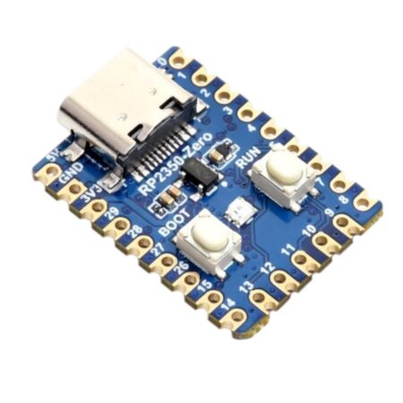 RP2350 Zero mini alappanel tiszta háttéren, USB-C porttal, gombokkal, LED-del és GPIO forrasztási pontokkal kompakt beágyazott elektronikai projektekhez.