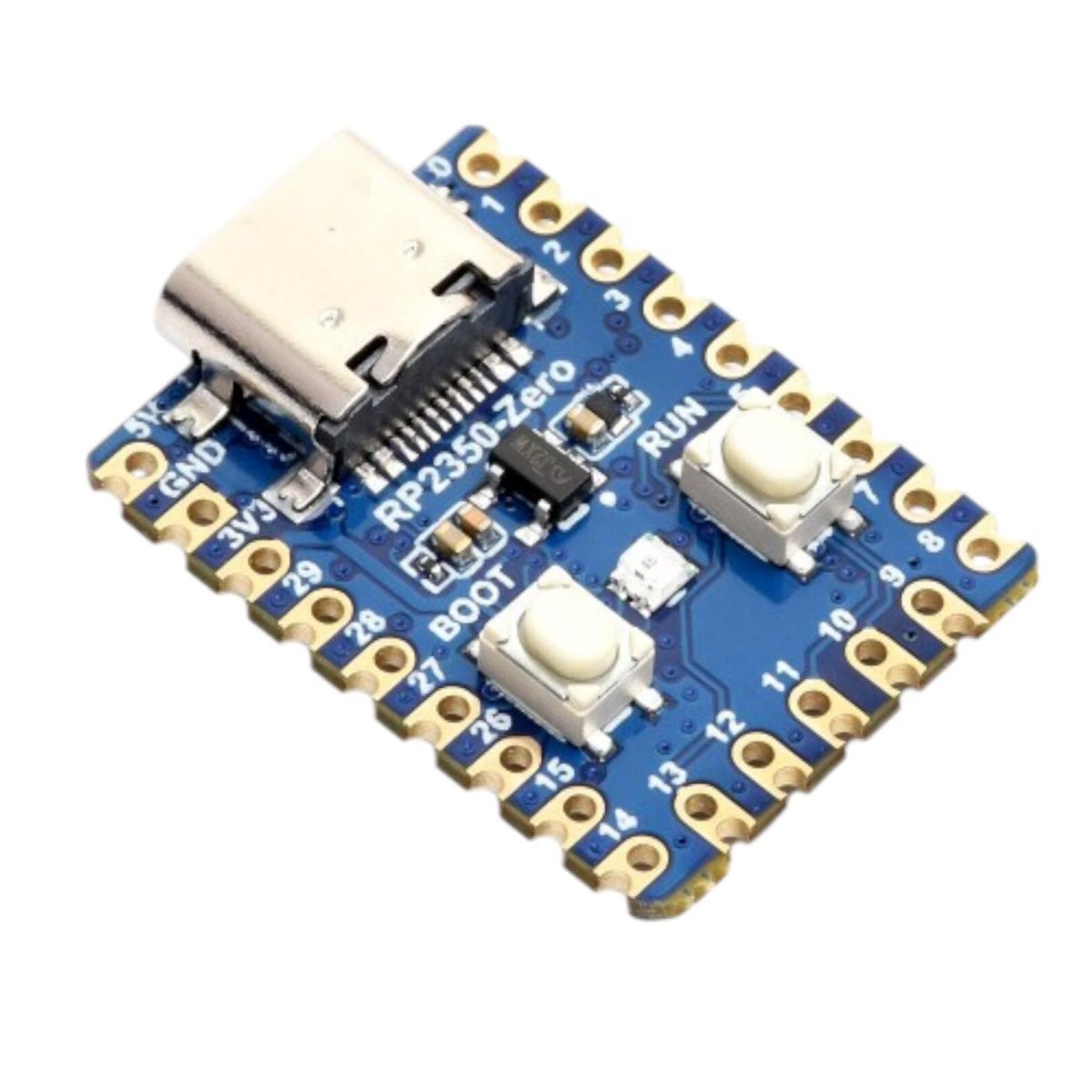 RP2350 Zero mini alappanel tiszta háttéren, USB-C porttal, gombokkal, LED-del és GPIO forrasztási pontokkal kompakt beágyazott elektronikai projektekhez.