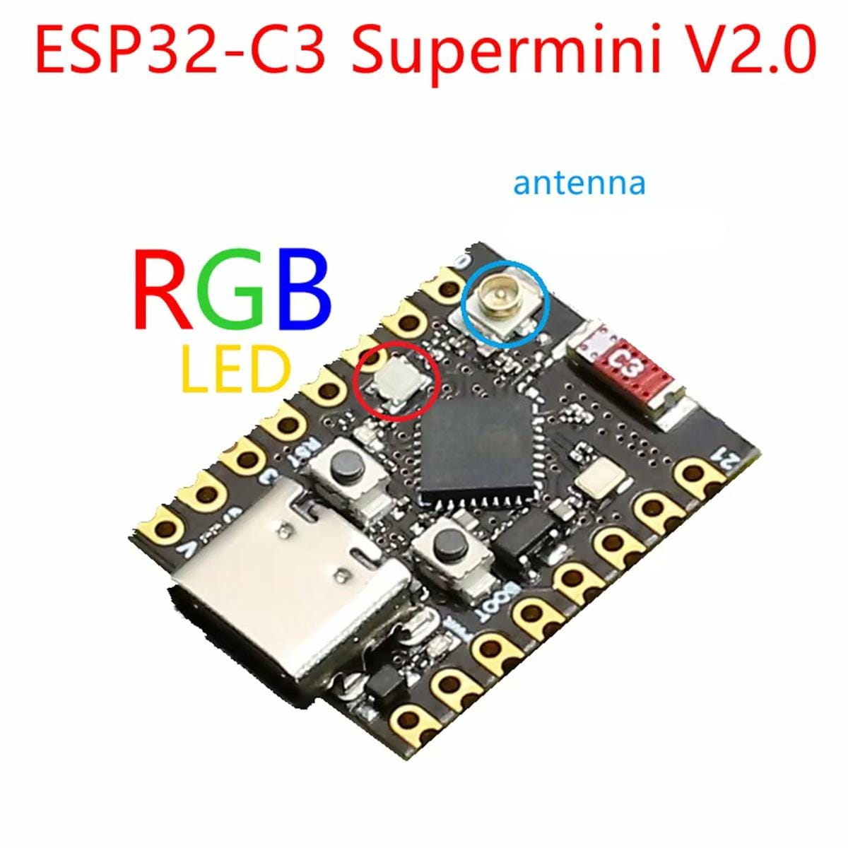 ESP32-C3 SuperMini Plus készletkép külső antennával, pigtail kábellel, két tüskesorral és USB-C csatlakozós panellel, hasznos áttekintéshez, ha fejlesztőpanel csomagtartalmát, szerelési lehetőségeit és kiegészítőit szeretnéd látni egyben.
