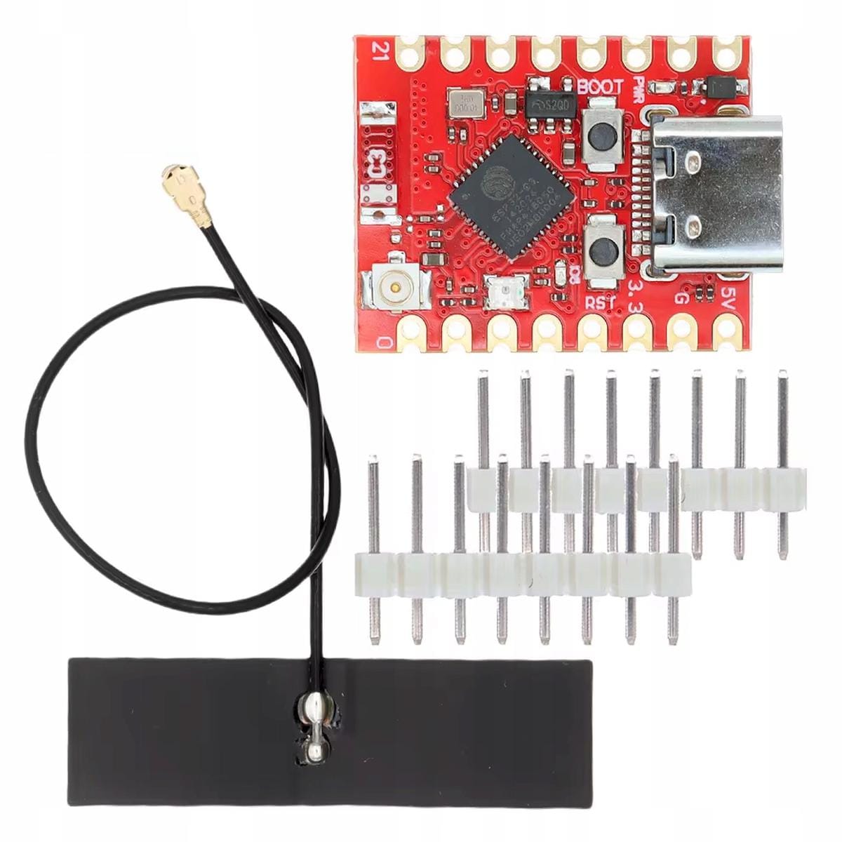 ESP32-C3 SuperMini Plus fejlesztőpanel külső fekete antennával és U.FL pigtail kábellel, USB-C csatlakozóval, olyan projektekhez, ahol jobb rádiós kapcsolat, rugalmas antennaelhelyezés vagy zártabb ház melletti használat kell.
