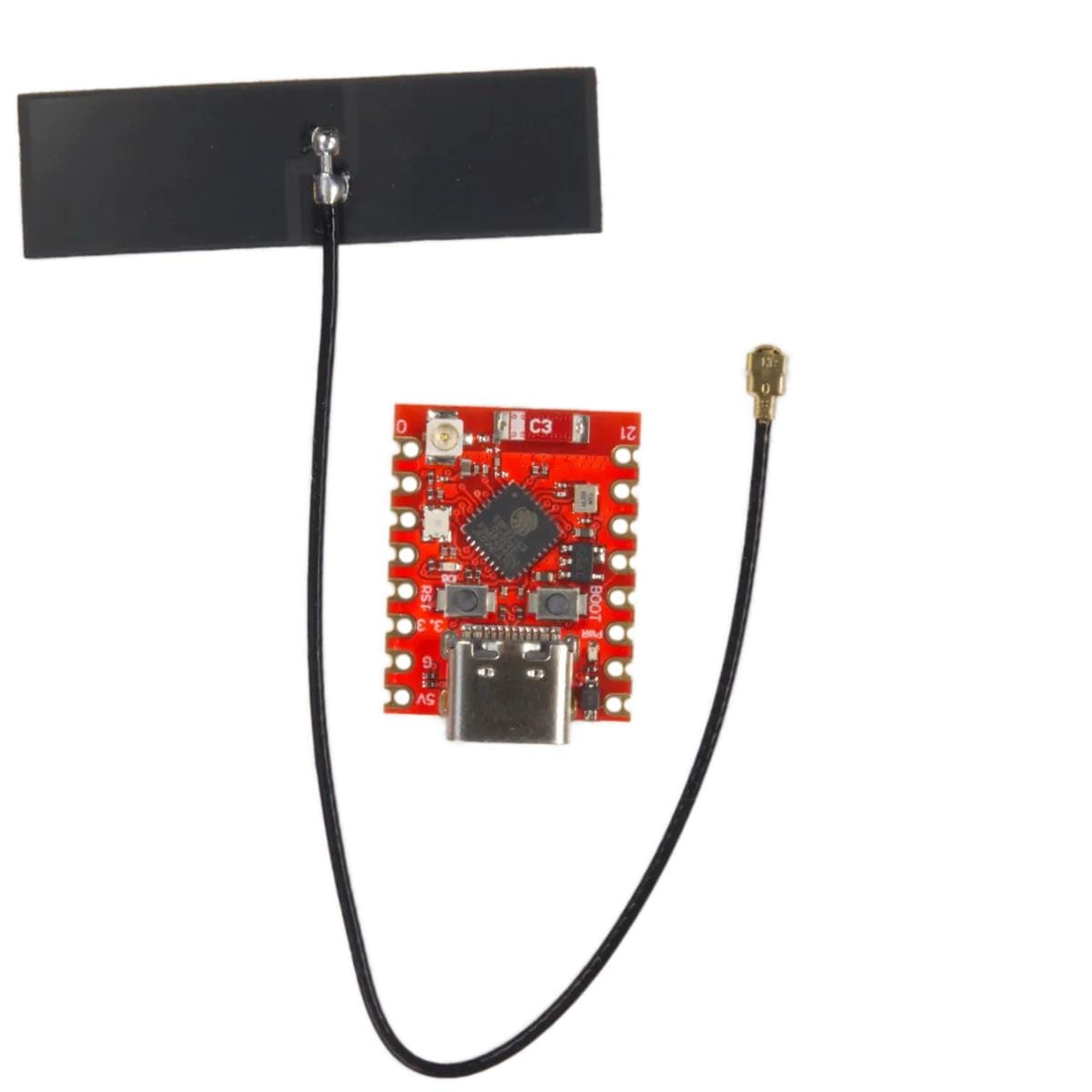 Szemből mutatott ESP32-C3 Super Mini hátoldal, jól olvasható felirattal, számozott lábpozíciókkal és vezetősávokkal, hasznos referencia breadboardos beépítéshez, tüskesor beforrasztásához és mikrokontrolleres panelválasztáshoz.