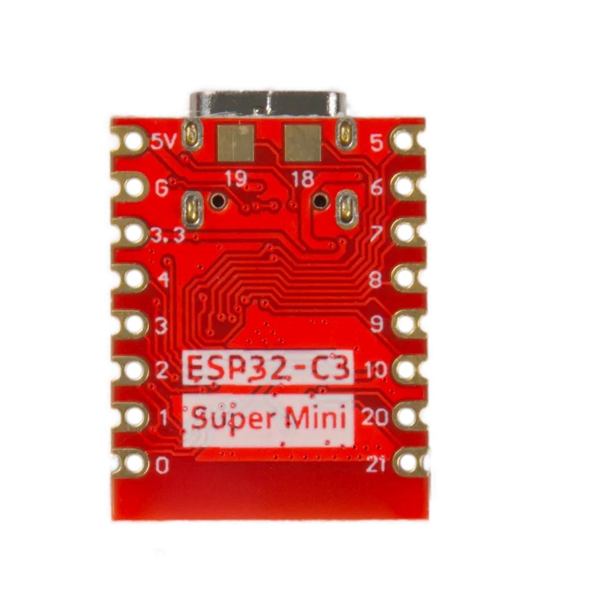 Közelebbi hátoldali nézetű ESP32-C3 Super Mini panel piros nyákkal, számozott csatlakozási pontokkal és központi azonosító felirattal, hasznos választás, ha szereléshez vagy bekötéshez kell vizuális támpont és méretérzet.