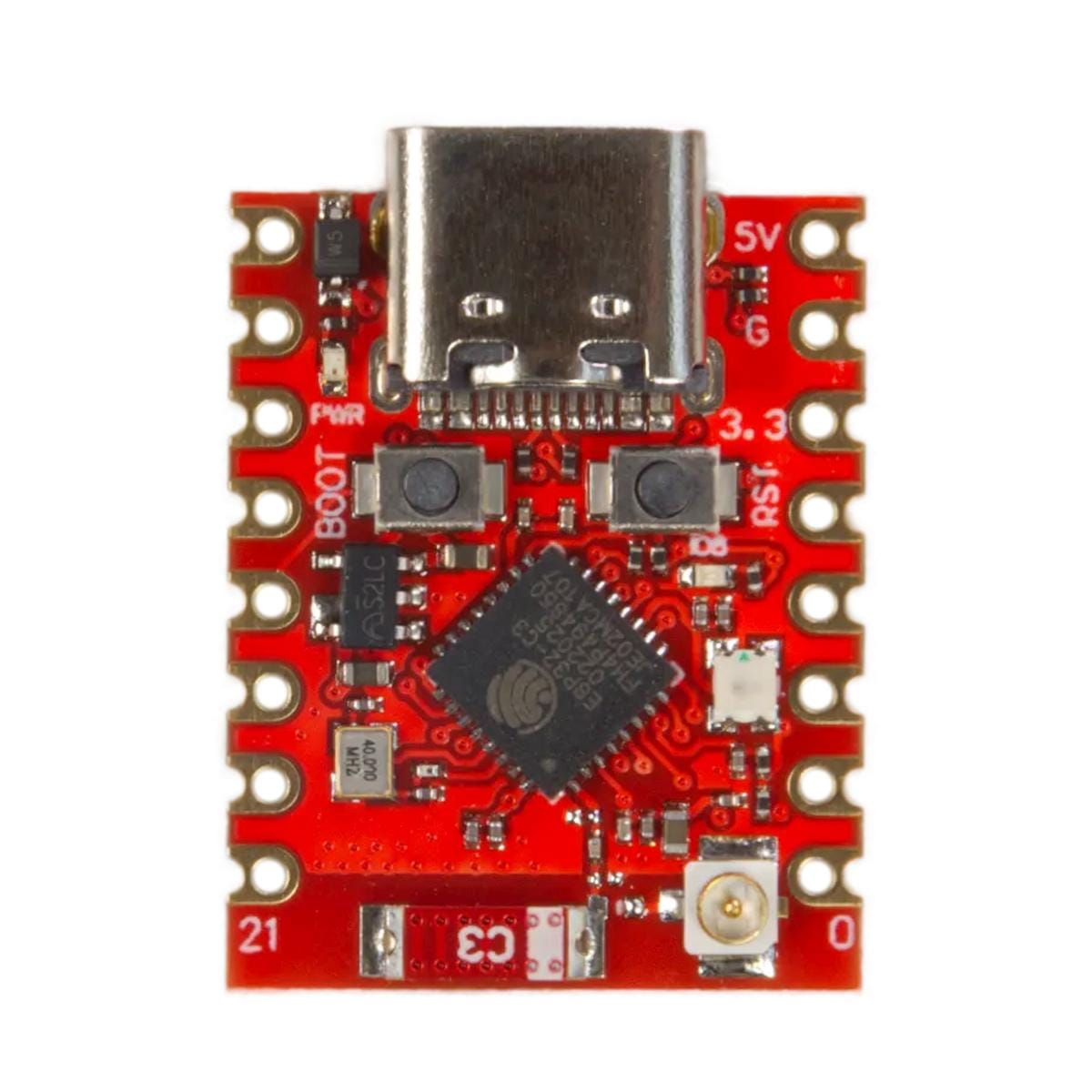Szemből fotózott ESP32-C3 SuperMini Plus panel USB-C porttal, két nyomógombbal, ESP32-C3 chippel, RGB LED-del és U.FL csatlakozóval, részletes nézetben, beágyazott fejlesztésekhez, panelazonosításhoz és alkatrészelrendezés megfigyeléséhez.