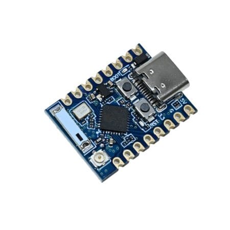 Apró ESP32-C3 Mini Pro mikrovezérlőpanel USB-C interfésszel, 4 MB flash memóriával, U.FL antennacsatlakozóval és GPIO kivezetésekkel, Wi-Fi-s, Bluetooth LE-s beágyazott vezérlések prototípusaihoz és szenzorhálózati csomópontokhoz.